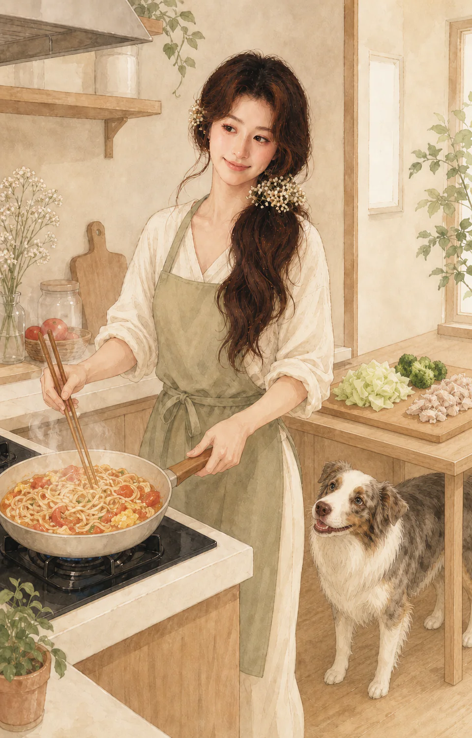 一幅水彩插画：白裙女子在锅边准备食物，三千守在案板旁。