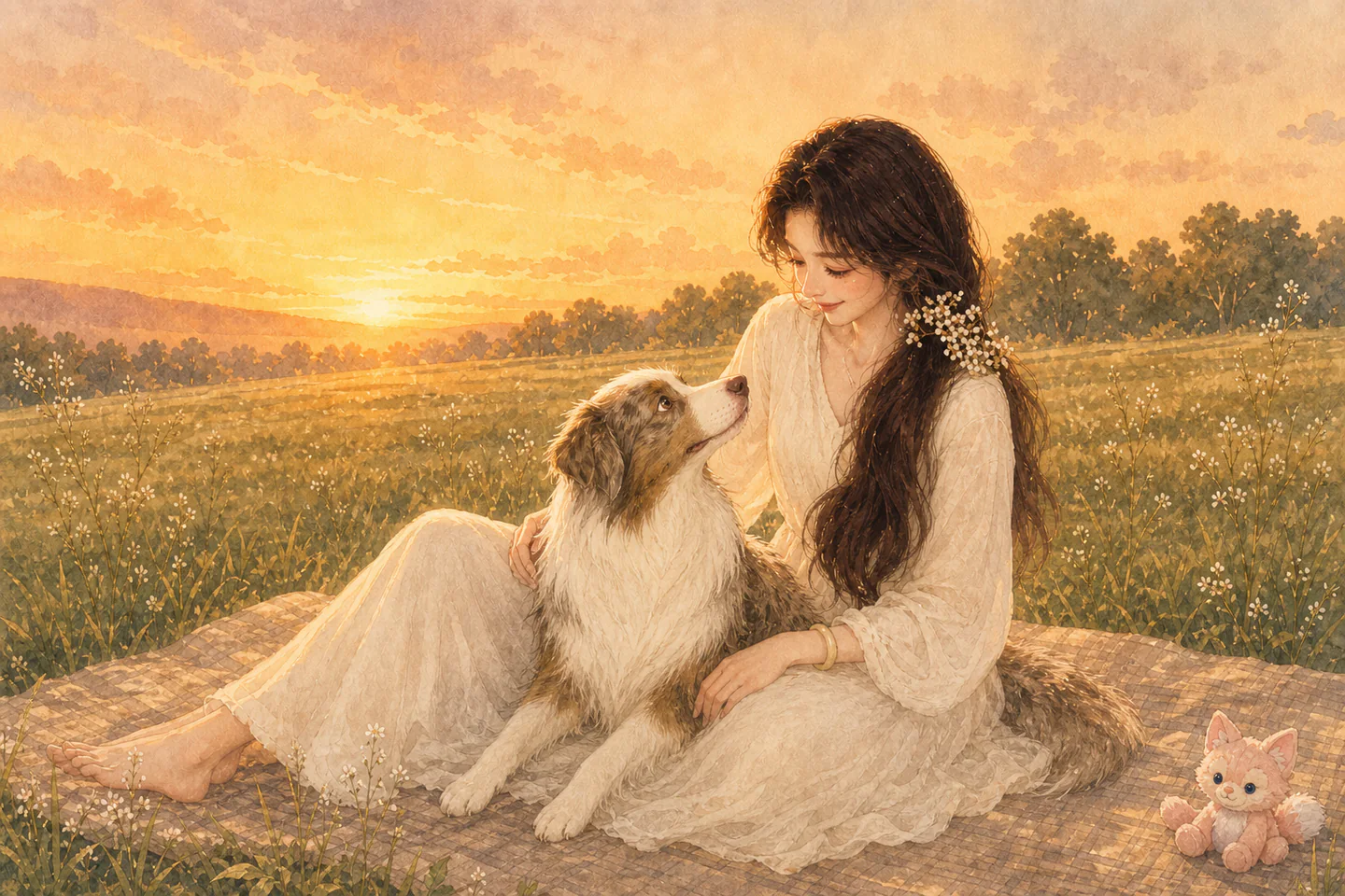 一幅横向水彩插画：夕阳草地上，白裙女子和三千在垫子上互相看着，右侧放着一个粉色狐狸玩偶。
