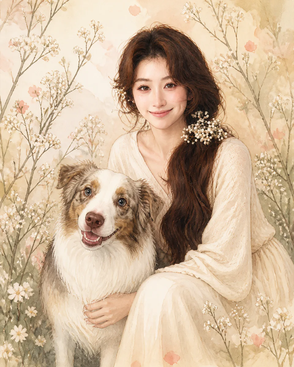 一幅水彩插画：白裙女子与三千在花丛中一起待着。